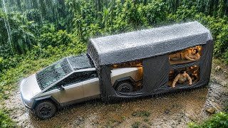 Camping in HEAVY RAIN | Two-Story Inflatable Tent Connected to a Cybertruck